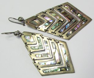 Vintage PAIR Pierced EARRINGS, Handcrafted ABALONE Insert Design, Sterling.925 Settings, Made In MEXICO