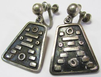 Vintage PAIR SCREW EARRINGS, Handcrafted GEOMETRIC Design, Sterling .925 Silver, Made In MEXICO