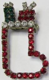 Vintage BROOCH PIN, CHRISTMAS Gift Stocking, Red Green & Crystal Rhinestones, Base Metal Setting