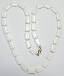 Vintage Bead Necklace, White Rectangular Shape, Approximately 24', Gold Tone Base Metal Clasp Closure