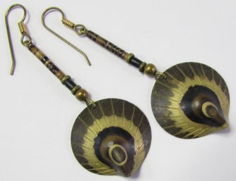 Contemporary PAIR Pierced DANGLE Earrings, Stylized SHELL Design, Brass Tone Base Metal