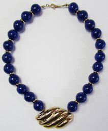 Signed AVON, Vintage Single Strand Necklace, COBALT Blue Color Beads, Gold Tone Base Metal, Clasp Closure