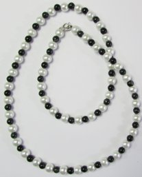 Vintage Single Strand NECKLACE, Cultured Pearls & Black Glass Beads, Sterling .925 Silver Clasp