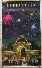 Vintage 'WONDERFUL COPENHAGEN' Wall Art Poster, Circa 1965, Multicolor TIVOLI GARDEN, Appx 39' X 24,' Umframed