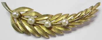 Vintage Brooch Pin, Palm LEAF Design, Faux PEARL Accents, Gold Tone Base Metal Setting