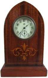 Vintage JENNINGS BROTHERS Brand, STEEPLE CLOCK, Wood Case With Inlay, Manual Wind Operation, Approx 8.75' Tall