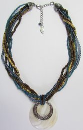 Signed COLDWATER CREEK, Multi Strand NECKLACE, Lg DISC Pendant & Blue Tone Beads, Silver Tone Base Metal Clasp