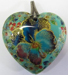 Contemporary Lightweight Drop PENDANT, Puffy HEART Shape, Multicolor Floral Decoration, Carrier Loop