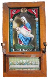 Vintage VIRGIN MARY & JESUS Shrine, Wall Altar, Includes Candle Holders & Holy Water Bottle,  Approx 23' X 13'