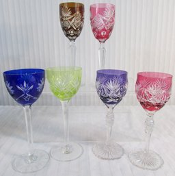 SET Of 6! Vintage BOHEMIAN Glass, Tall WINE Glasses, Overlay Cut Design, Appx 8' Tall