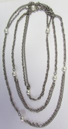 Vintage CHAIN Necklace, Faux Pearl Accent Beads, Silver Tone Base Metal, Clasp Closure