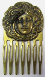 Vintage PIDDLY LINKS Brand, ART NOUVEAU Design, Hair Comb, Rhinestone Accents, Brass Tone Metal