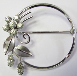 Signed KREMENTZ, Vintage BROOCH PIN, Circle FLOWER Design, RHINESTONE Accents, Silver Tone Base Metal Setting