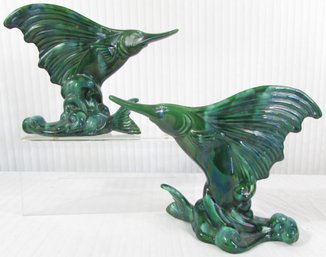 SET Of 2! Vintage MCM ROYAL HAEGER Pottery, SWORDFISH Vase, Deep GREEN Gloss Glaze,  Appx 9,' Made In USA