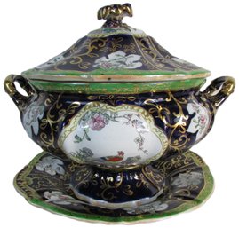 Signed MASON'S Brand, Covered SOUP TUREEN, Peacock Pattern, Ironstone Base, Gold Trim, Approx 13.5' Wide