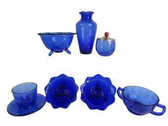 Lot Of 7 Pieces! Vintage DEPRESSION Glass, COBALT BLUE Color, Includes Candlesticks & Vase