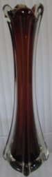 Vintage MCM Glass VASE, Deep RED & Clear Glass, Made In ITALY, Appx 11' Tall