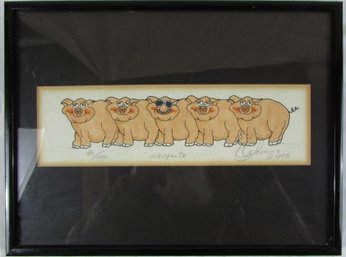 Signed Limited Edition Print, Whimsical PIGGIES Entitled 'INHOGNITO,' Appx 12.25' X 9.25' Size, Simply Framed