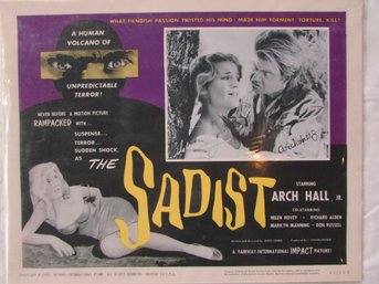 Vintage FAIRWAY-INTERNATIONAL Movie Card Poster, Multicolor 'THE SADIST,' Circa 1963, Appx 14' X 11'