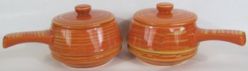 Set Of 2! Signed MCCOY Art Pottery, Covered SOUP BOWLS, ESMOND Pattern, Gloss ORANGE Glaze, Appx 7' Wide, USA