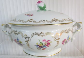 Signed FURSTENBERG Brand, Covered SOUP TUREEN, Floral Pattern, Clean White Base, Gold Trim, Approx 11' Wide