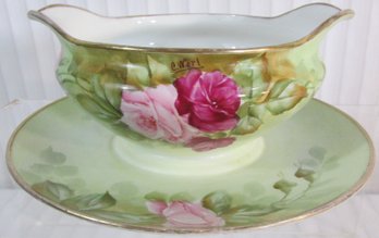 Signed M&Z AUSTRIA Brand, GRAVY BOAT & UNDERPLATE, Hand Painted Floral Pattern, Gold Trim, Approx 7' Diameter