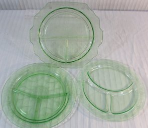 Set Of 3! Vintage URANIUM Depression Glass, Divided GRILL Plates, Cameo & Princess Patterns, Appx 11' Across