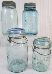 LOT Of 4! Vintage CANNING JARS, Mason's, Ball & Atlas Brands, Aqua-Blue Glass