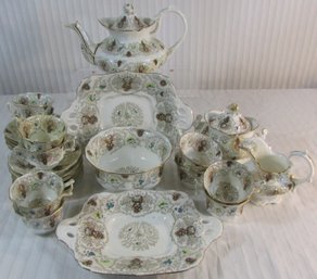 Set Of 28 DINNERWARE Pieces! Vintage Signed TEA SET, Intricate Transferware Regency Style Pattern