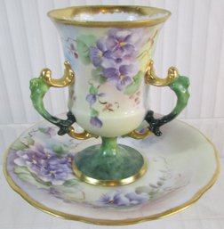 Signed T&W Limoges, Vintage CUP & SAUCER Set, FLORAL Pansy Violet Pattern, Gold Trim