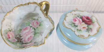 SET OF 2! Signed T&W Limoges, Vintage DRESSER VANITY Set, FLORAL Roses Pattern, Gold Trim