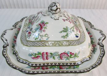 Vintage Signed S HANCOCK & SONS China, Covered CASSEROLE Serving Bowl, INDIAN TREE Pattern, Appx 11.5' ENGLAND