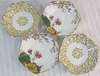 Set Of 4! Signed LILIUM & Sons, Vintage Sauce Bowls, Two 2 FLORAL Patterns, Gold Trim