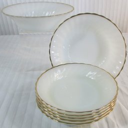 Lot Of 7 Pieces! Vintage FIRE KING Brand, 2 SERVING & 5 SOUP Bowls, White Base With GOLD Trim, Appx 8,5'