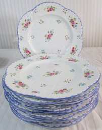 Set Of 12! Signed SHELLEY, Vintage DINNER PLATES, Rose & Red Daisy Pattern, BLUE Trim, Appx 10.75'