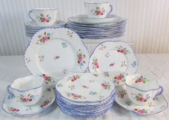 Set Of 35 Pieces! Signed SHELLEY, Vintage CUPS, SAUCERS, SALAD & BREAD PLATES, Rose & Red Daisy, BLUE Trim