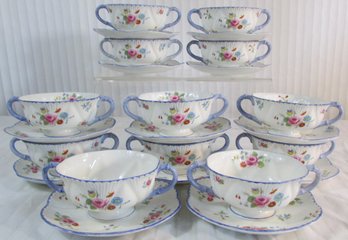 Set Of 12! Signed SHELLEY, Vintage CREAM SOUP BOWLS & UNDERPLATE, Rose & Red Daisy Pattern, BLUE Trim, Appx 6'