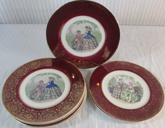 Set Of 9! Signed SALEM China, Vintage CHARGER PLATES, GODEY Prints Pattern, BURGUNDY Trim, Appx 10 7/8'