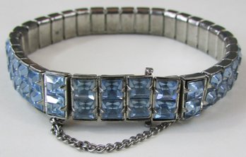Signed WEISS, Vintage Link BRACELET, Double Two 2 Row Design, BLUE Rhinestones, Silver Tone Base Metal, Clasp