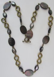 Fine Quality Chain Necklace, Dark Mother Of Pearl Discs, Brass Chain, Approximately 32', Bar & Loop Closure
