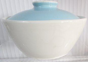 Vintage MCM Dinnerware, Covered CASSEROLE Serving Bowl, Aqua Blue & White, Appx 9.25' Diameter