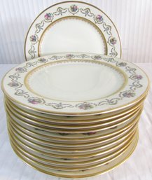 Set Of 12! Signed BOHEMIA ROYAL IVORY, Vintage DINNER PLATES, MAYFAIR Pattern, Gold Trim, Appx 10.75' Diameter