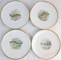 Set Of 4! Signed HUTSCHENREUTHER Germany Plates, DINNER SIZE, FISH Design, GOLD Trim, Approx 10.5' Diameter