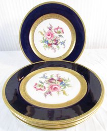 Set Of 5! Signed THOMAS Bavaria, Vintage DINNER PLATES, Cobalt Blue Band, FLORAL Pattern, Gold Trim, Appx 11'