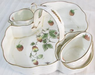 Signed COALPORT Bone China, STRAWBERRY Pattern, Basket With Sugar & Creamer, Appx 10.25' ENGLAND