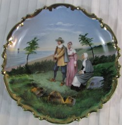 Signed L S & S Austria, Vintage Hand Decorated TRAY, 'PILGRIM EXILES' Design, Gold Trim, Appx 9.5' Diameter