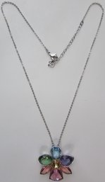 Signed SWAROVSKI, Contemporary Chain Necklace, Crystal FLOWER Pendant, Silver Tone Base Metal, Clasp Closure