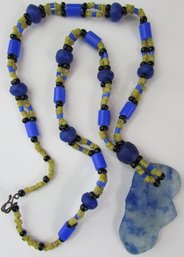 Contemporary ART GLASS Necklace, Free Form Drop Pendant, Tonal Blue & Yellow Beads, Hook & Loop Closure