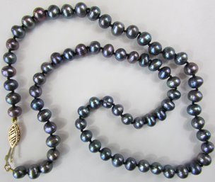 Vintage Single STRAND Necklace, Uniform Cultured BLACK PEARLS, Irregular Shape, Approx 16,' 14K GOLD Clasp