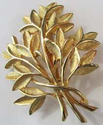 Vintage BROOCH PIN, Branch LEAF Design, Florentine Finish, Gold Tone Base Metal Construction
